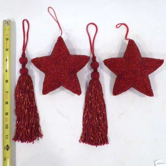 unknown Other - NEW 6” CHRISTMAS HOLIDAY RED BEADED SEED BEAD STAR TASSEL ORNAMENT LOT OF 4